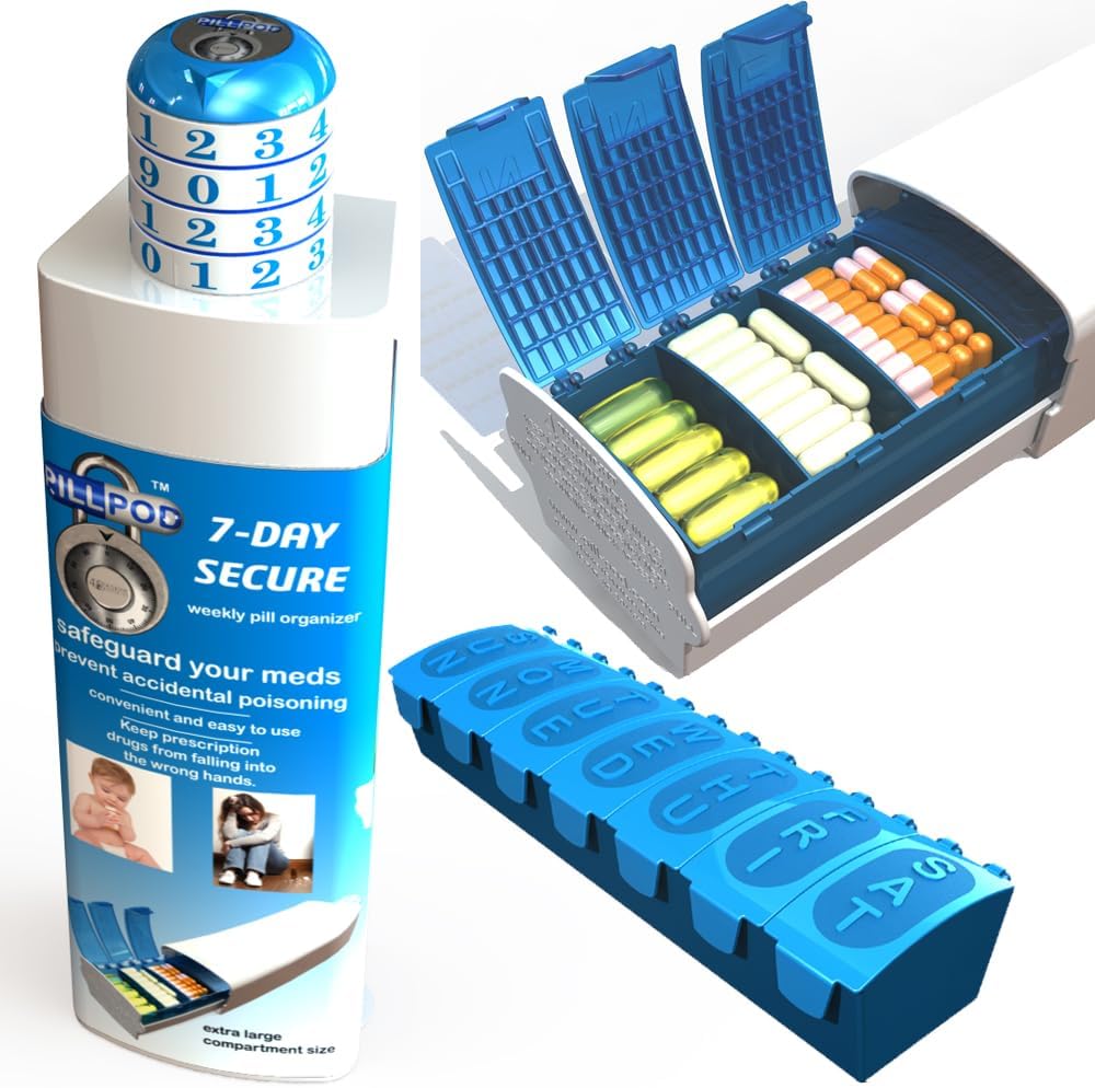 Pill Pod 7 jours sécurisés, organisateur de pilules verrouillantes, boîte à médicaments résistant aux enfants, planificateur de pilules hebdomadaire extra grand, ami des aînés