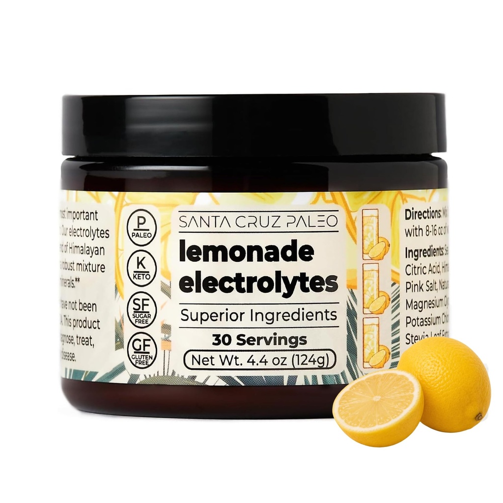 Santa Cruz Paleo Electrolyte Powder, Lemonade Flavor, Sugar Free Hydration Drink Mix with Himalayan Pink Salt, Sea Salt, Magnesium Glycinate, Potassium Chloride, Sweetened with Stevia, 30 Servings