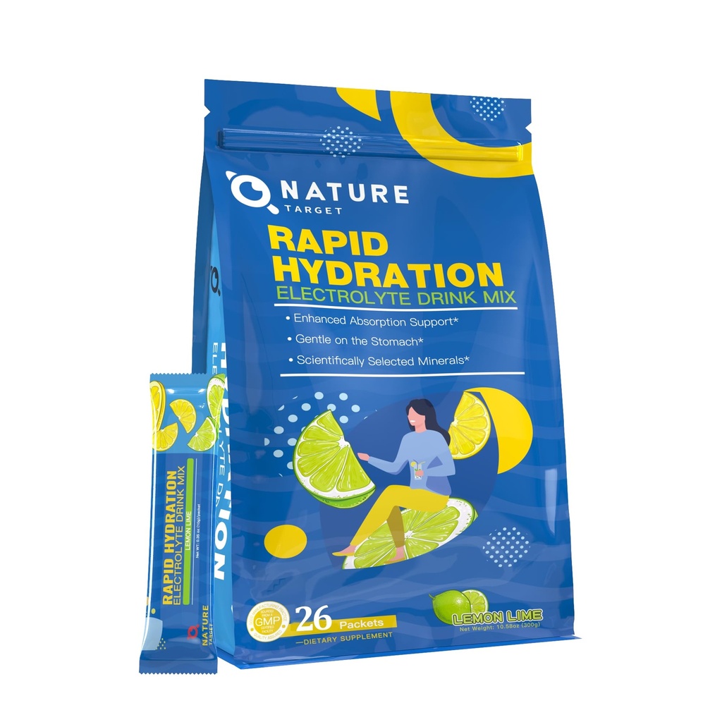 NATURE TARGET Hydration Electrolyte Powder Drink Mix 26 Packets | Sugar Free Lemon Lime Hydration Drink Mix for Workout, Travel, Camping, Non-GMO, Gluten Free, Vegan & Keto Friendly