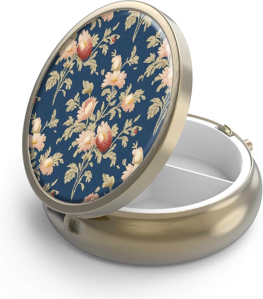 Pill Case Pill Box met Mirror Retro 3 Compartiment Kleine pil Case voor Purse of Pocket Bronze Kleine Roud pil Box of vitamines, Visolie, Supplementen, Pill Bevat reizen Gifts( Retro Rose Floral)
