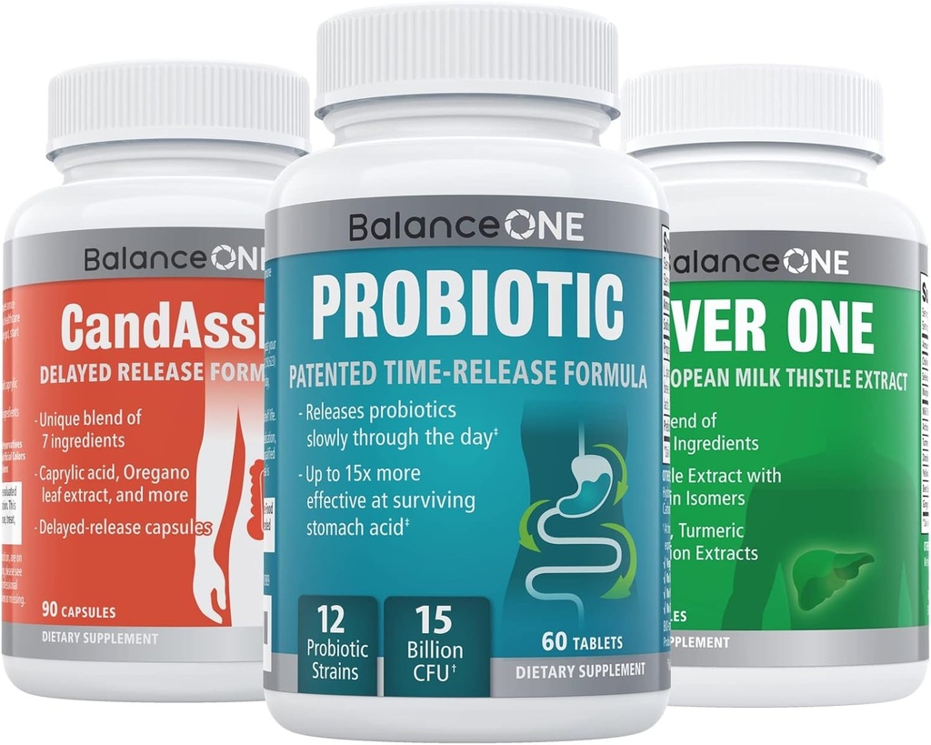 Équilibre ONE 3 mois Kit de Probiotique, CandAssist, Foie One de 15 milliards CFU Probiotique de nettoyage naturel avec acide caprylique de soutien du foie avec chardon