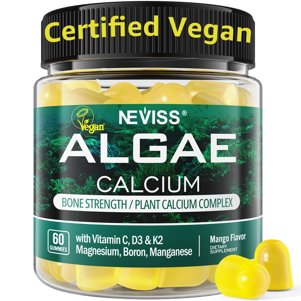Calcium Gummies for Women + Magneisum Vitamin D3 K2, C, Zink, Boron, Sustainable Algen (3rd Party Tested) for Bone Strength, Nerve, Calcium Absoption, Sugar Free Calcium Supplement, Vegan, 60 Counts