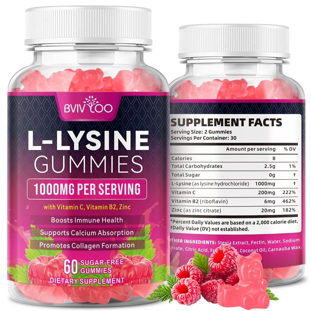 L-Lysine 1000mg Gummies for Immune Support & Skin Health - High Potency Vegan, Sugar-Free, Gluten-Free Supplement with Natural Raspberry Flavor for Adults & Kids - 60 Gummies