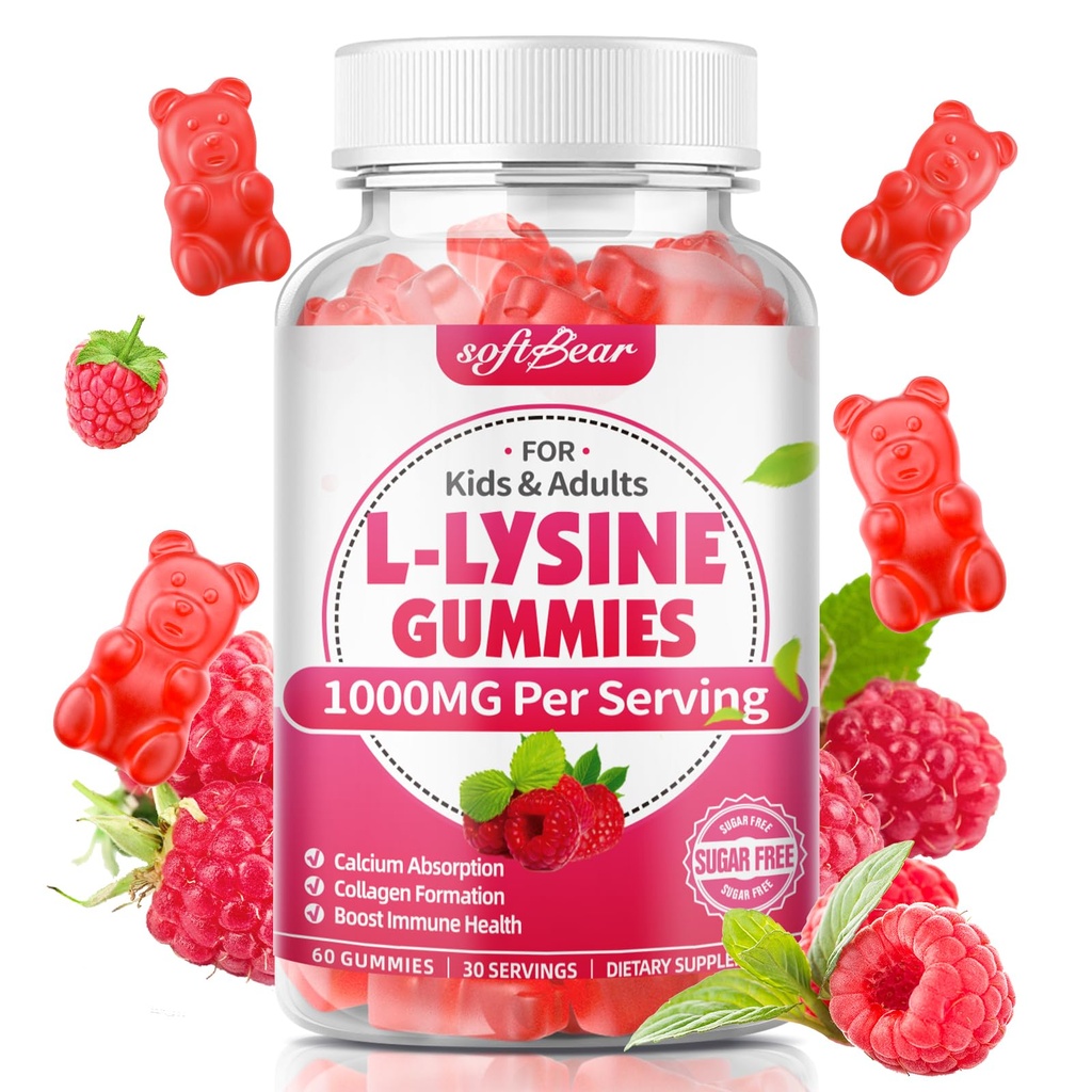 softbear L-Lysine Gummies for Adults & Kids, L Lysine 1000mg Chewable Lysine Supplement for Lips & Oral Health, Immune & Collagen Support, Vegan, Non GMO, Gluten-Free, Raspberry Flavor 60 Count