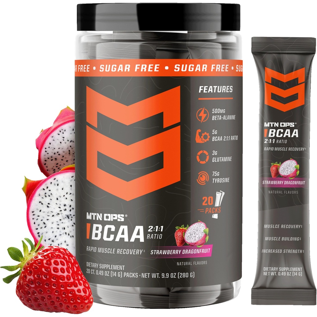 MTN OPS BCAA Powder 2:1:1 Aminozuren supplement Powder for Rapid Muscle Recovery & Repair with Zero Sugar & Gluten Free - 20-Servings, Aardbei Dragonfruit Trail Packs