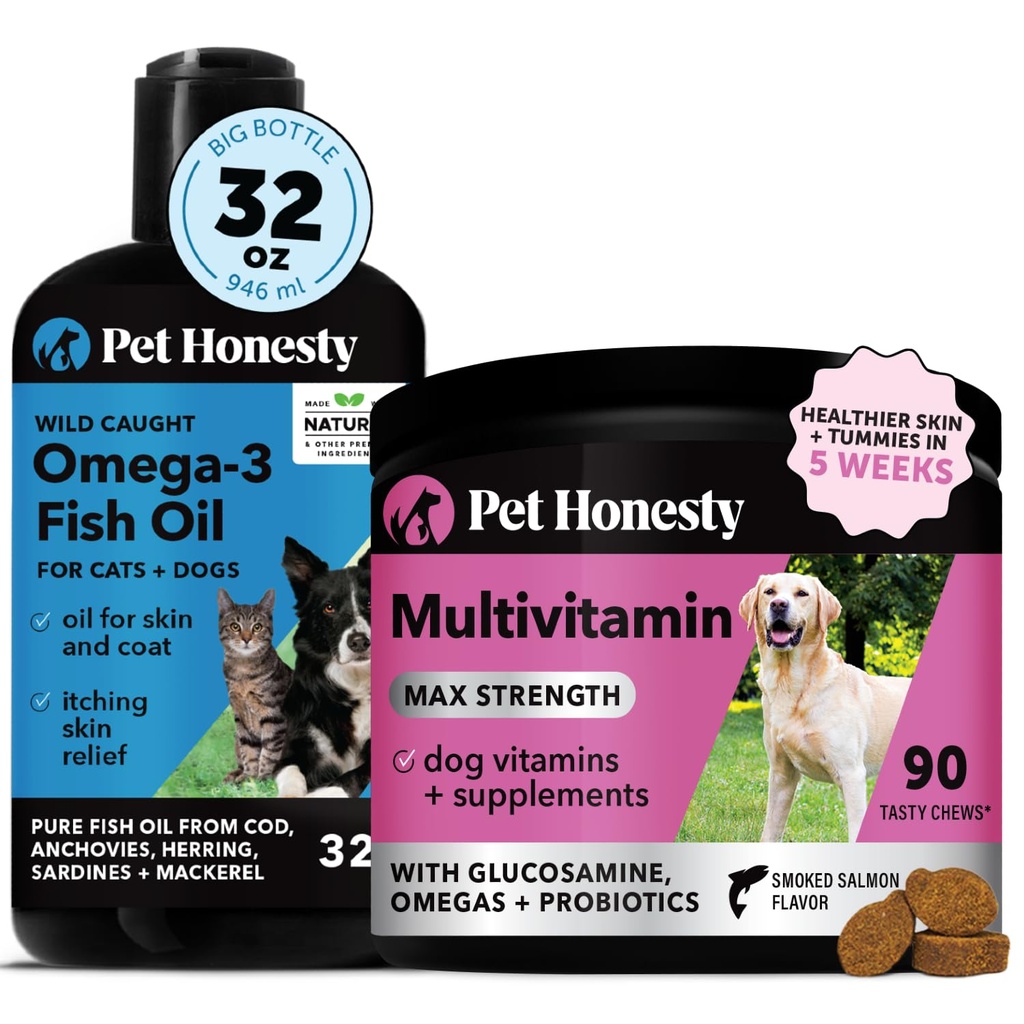 Omega 3 Visolie & Multivitamine Max Strength Bundle: Wild Caught Omega 3 Supplement & 15-in-1 Hondenvitaminen voor huid, jas en gezondheid (32oz)