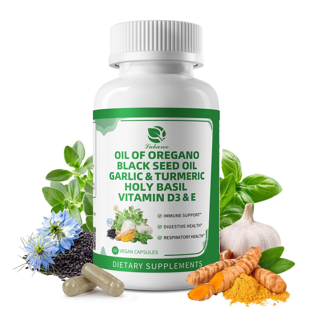 Oil of Oregano Capsules with Black Seed Oil, Garlic, Turmeric, Holy Basil | High Absorption – Immune, Digestive & Respiratory – 60 Caps, 2 Month Supply