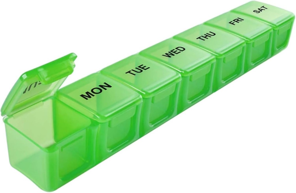 Sukuos Extra grote 7 dagen pil Organisator Eenvoudig te openen, Weekly pil Box Dagelijkse geneeskunde geval met duidelijke deksel, Zijde scherm bedrukte vitamine houder voor visolie of supplementen (Groen)