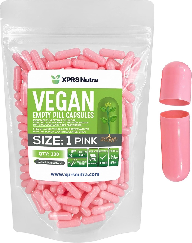 XPRS Nutra Taille 1 Capsules vides - 100 Compte Capsules vides de végétalien - Pilules végétariennes - Bricolage Gélule végétale Remplissage- Bouchons de pilules pour les suppléments Do-It-Youlf (Pink)