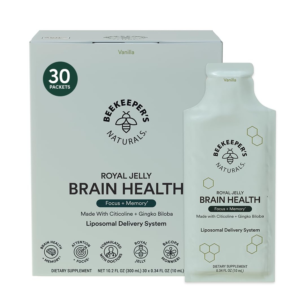 Supplément Cerveau Nootrope par Beekeeper's Naturals, 500mg Citocoline, Ginkgo Biloba, Bacopa Monnieri & Royal Jelly, soutient Focus & Memory, Easy Absorption, Plus un goût de vanille, 30ct