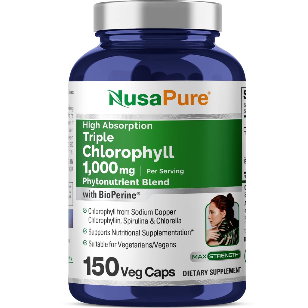NusaPure Hoge Absorptie Triple Chlorofyl 1000 mg 150 Veg Caps Geschikt voor vegetariërs en veganisten, Non-GMO