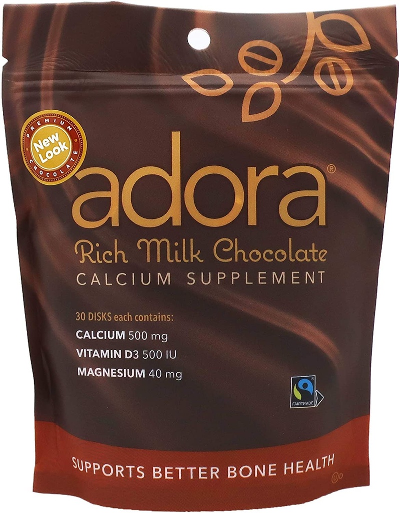 Adora Premium Vitamine D3 Magnesium en Calcium Supplement, 500 mg, Melkchocolade, 30 Tellen
