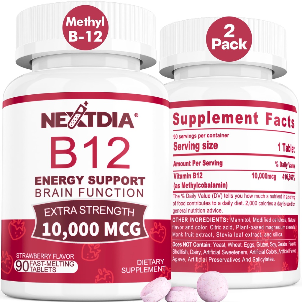 B12 Vitaminen 10.000 mcg, Gemethyleerde vitamine B12 Sublingual - Energie Boost, Focus, Metabolisme & Hersengezondheidsondersteuning, Immuunsysteemondersteuning, Fast Solution, Natural Strawberry Flavor, 180 porties