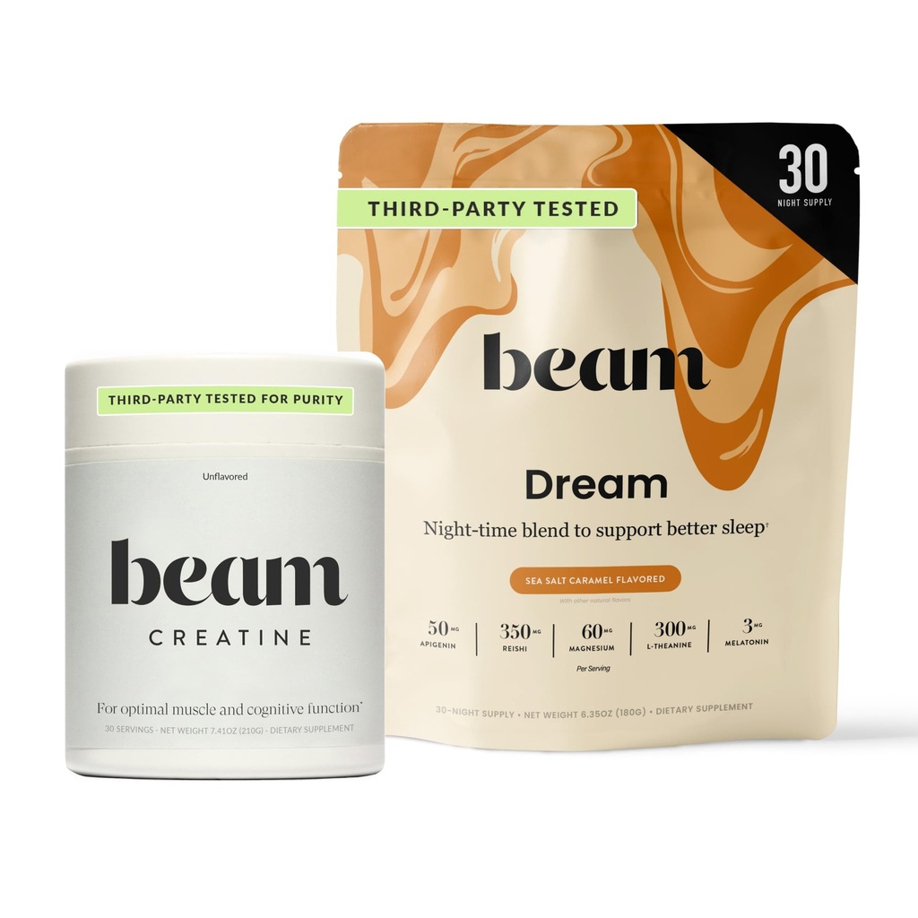 Beam Dream Sleep Powder & Creatine Bundle, derde partij getest natuurlijke slaaphulp & Recovery Supplement met Micronized Creatine Monohydraat, Unflavored Pure Creatine Powder voor spierkracht, energie