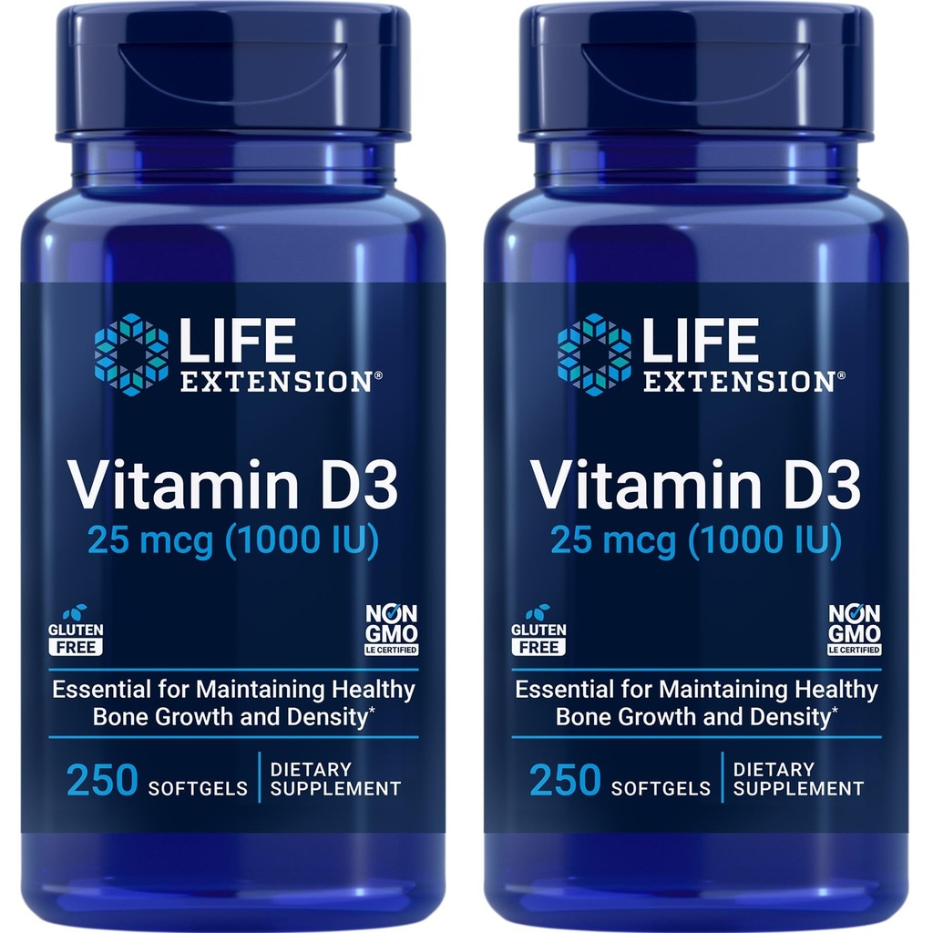 Extension de vie Vitamine D3 25 mcg (1000 UI), système immunitaire, santé des os, santé du corps entier, taille de la valeur, sans gluten, non-OGM – deux paquets - 2 x 250 Softgels