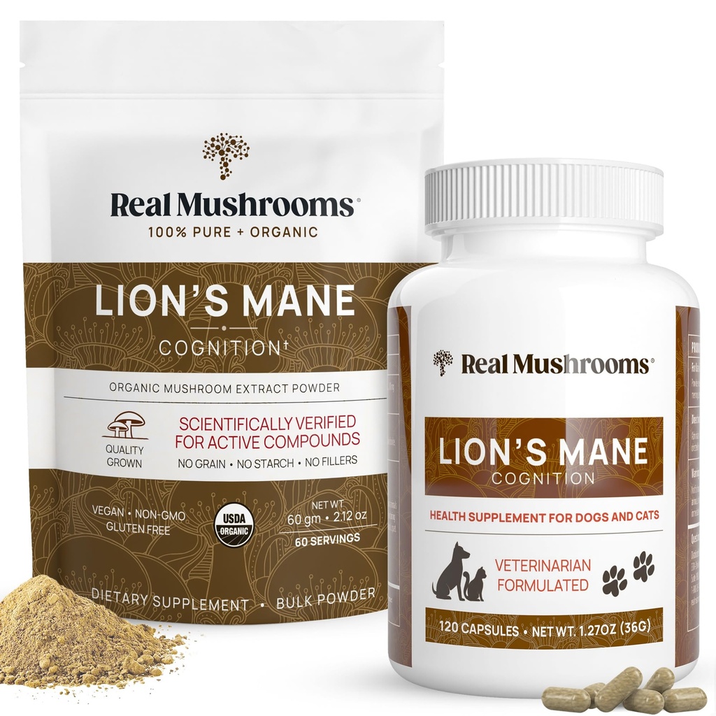 Real Paddestoelen Lions Mane for Humans (60 Servings) and Pets (120ct) - Powder & Capsules Bundle for Cognition & Immunity - Vegan, Non-GMO, Glutenvrije, Grain-Free Mushroom Extract Supplementen