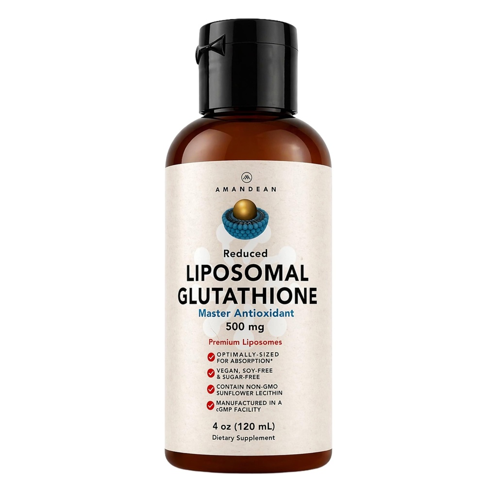AMANDEAN Liposomal Glutathion Supplement. Liquid Reduced Setria 500 mg. Immuun ondersteuning, hersenen gezondheid, lever detox, huid gezondheid. Fosfatidylcholine van Non-GMO Zonnebloemlecithin. Soy-Free & Vegan.