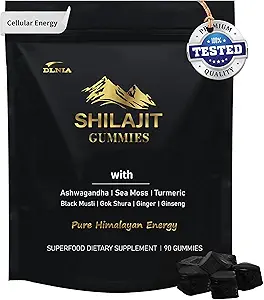 Shilajit Gummies with Ashwagandha, Turmeric - Organic, Zero Sugar & Vegan-Friendly Himalaya Shilajit for Men & Women - Energy, Calm, Cortisol, Sleep, Immune Support & Algehele gezondheid