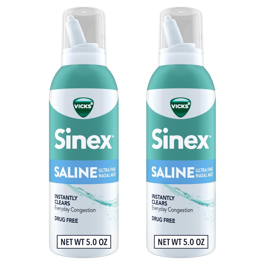 Vicks Sinex SALINE Neusspray, Drugvrij Ultra Fijne mist, Helder Elke dag Sinus Congestie Snel, Verwijder Slijm van een koude of Allergie, Dagelijks gebruik 5.0 fl oz x 2