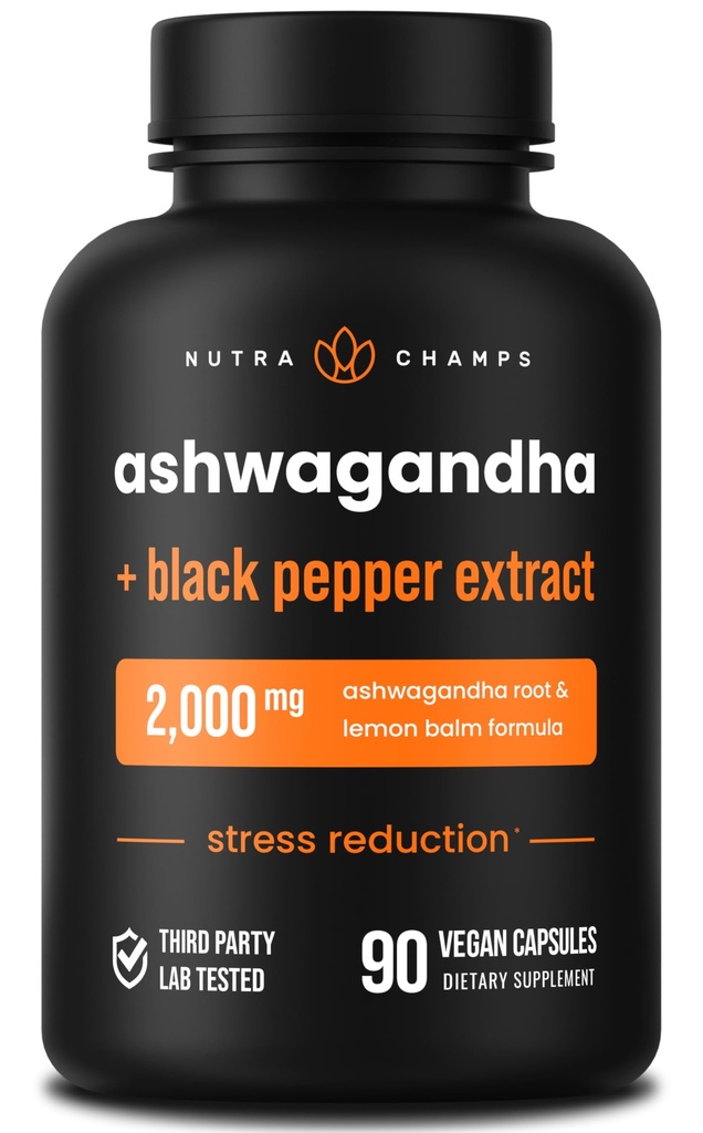 NutraChamps Biologische Ashwagandha Capsules, 2000mg Adrenal Fatigue, Thyroid & Mood Support Ashwagandha Supplementen, Ashwagandha Root Powder & Citroen Balm, Superior Absorptie met zwarte peper