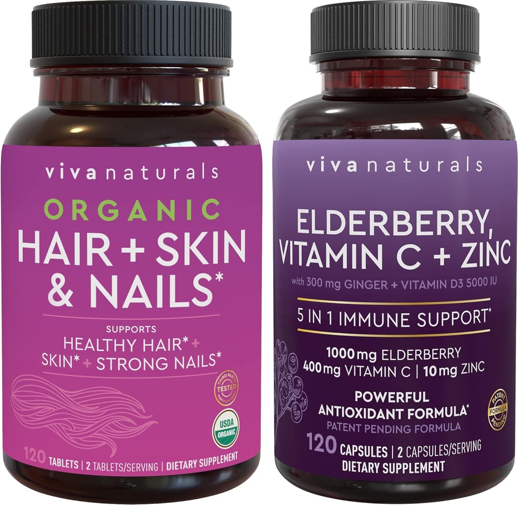 Organic Hair Skin and Nails + Elderberry, Vitamin C & Zinc Bundle, Made with Biotin 5000mcg for Healthy Hair, Elderberry for Antioxidant & Immune Support