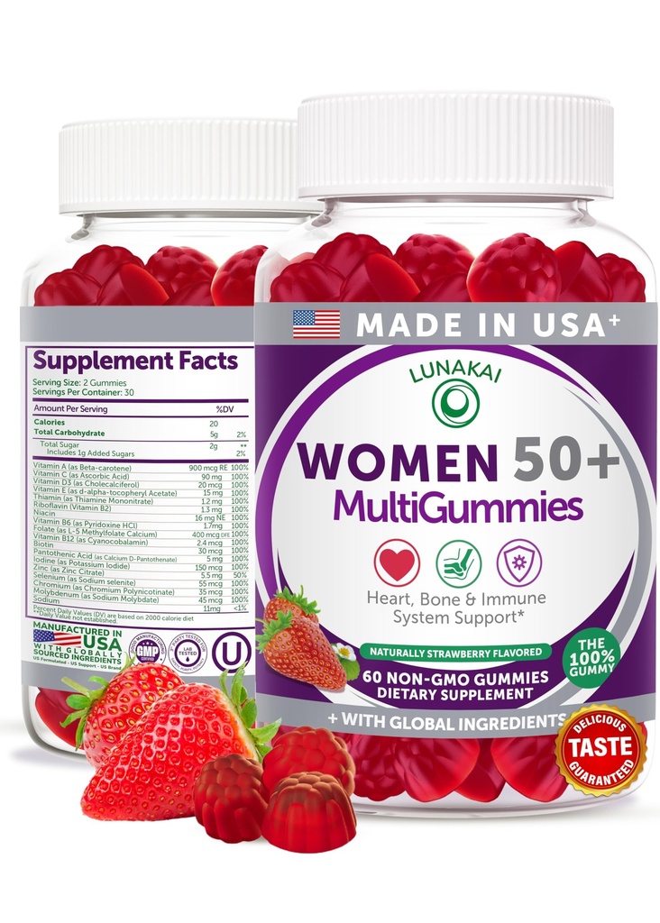 Lunakai USA Made 50 Plus Vrouwen Multivitamine Gummies - Delicious Formula Enhanced with Essential Vitamines & Minerals for Health & Vitality - 60ct