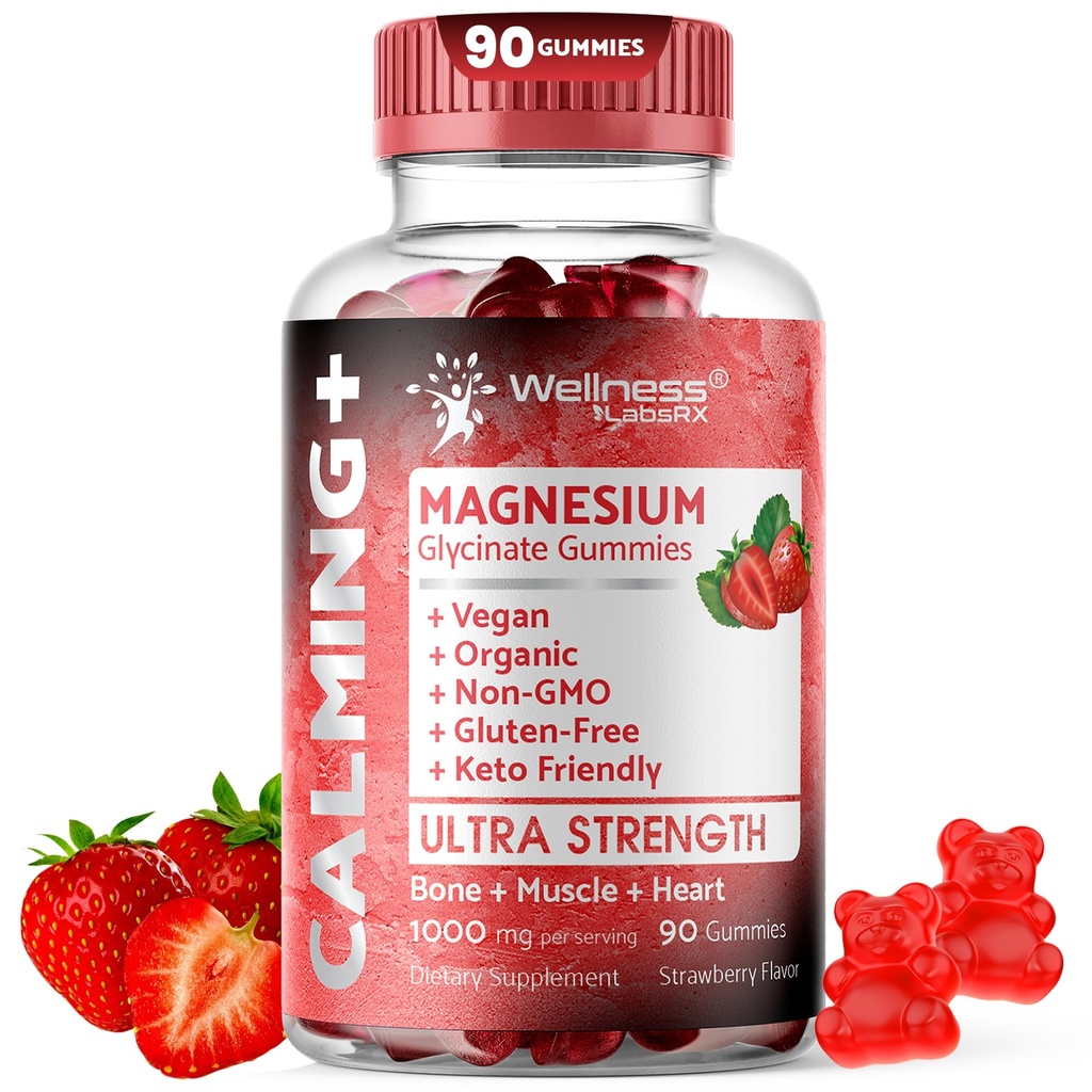 Magnesium Glycinate Gummies, 1000 mg - Magnesium Supplement aan ondersteuning Ontspanning, Hart Gezondheid - Kauwbare Kalm Magnesio Gummies voor volwassenen, Glicinato De Magnesio - Aardbei smaak