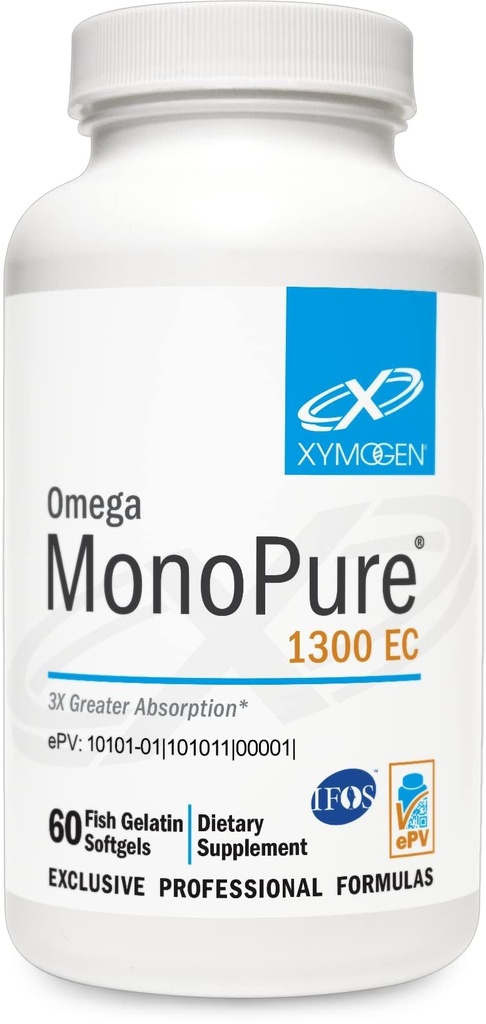 XYMOGEN Omega MonoPure 1300 EC - Visolie met 3X Grotere absorptie - DHA EPA Omega 3 Supplement voor Hartgezondheid + Cognitieve Ondersteuning (60 Softgels)