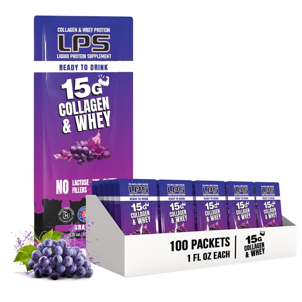 Voedingsdesigns LPS Liquid Collageen & Wei Protein Supplement - Non-GMO Drink, Sugar-Free - bevordert gezonde huid en haar voor mannen en vrouwen, druiven, enkele portie (100 pakketten)
