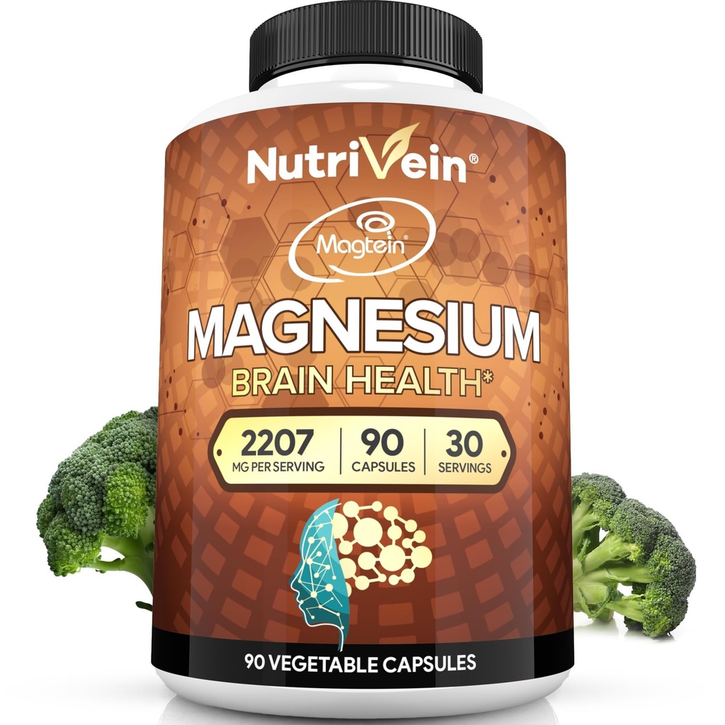 Nutrivein Premium Magtéin Magnésium L-Thréonate Supplément 2207 mg - 90 capsules (3 par jour): Thréonate de magnésium à haute absorption pour le cerveau, le sommeil, l'humeur et la récupération
