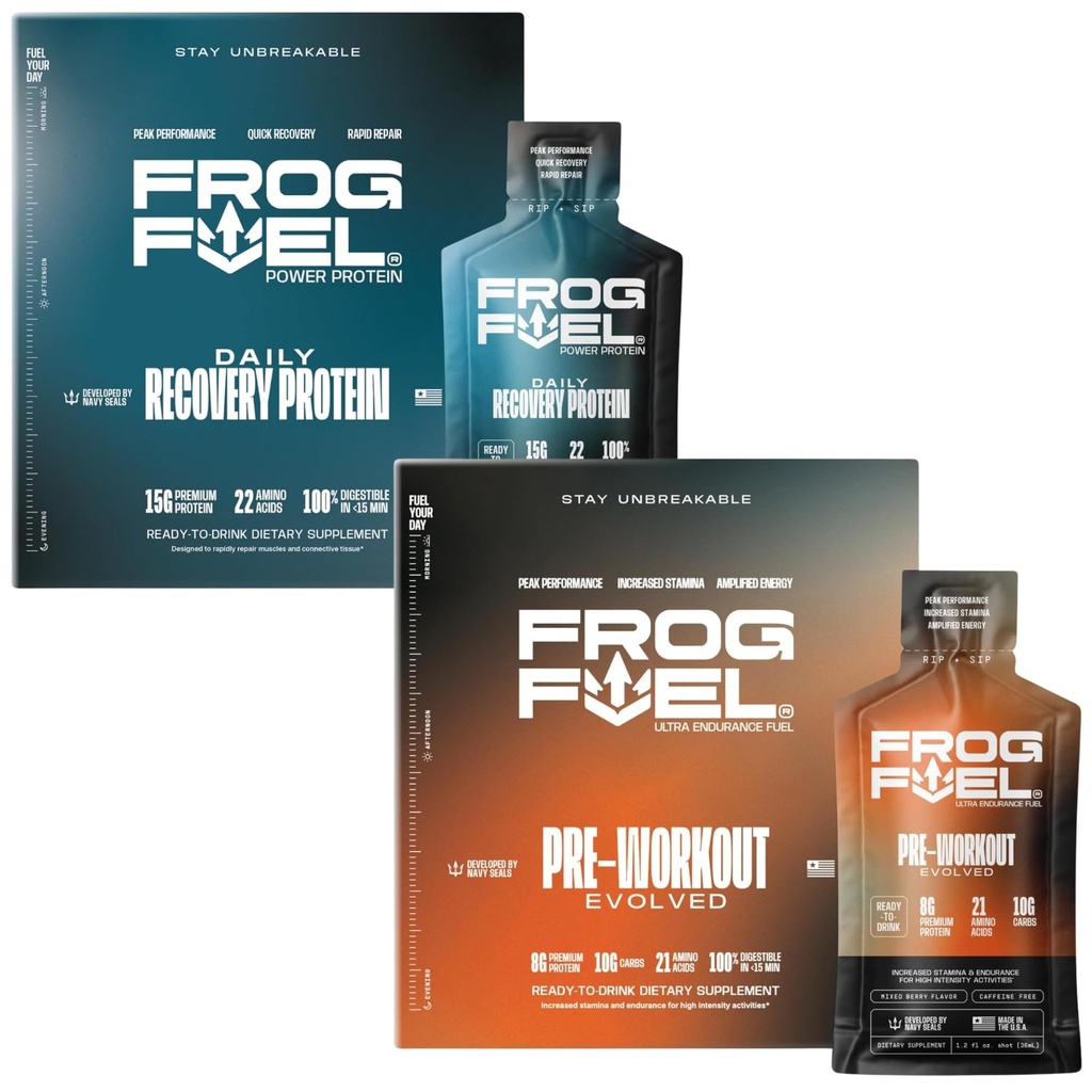 Frog Fuel Power Regular Protein & Ultra Pre Workout Shot Bundle, 1500mg Beta Alanine, 15g Proteïne Nano-Hydrolyzed Gras Fed Collagen, Pre & Post Workout, 1.2 oz Packets, 48 Pack