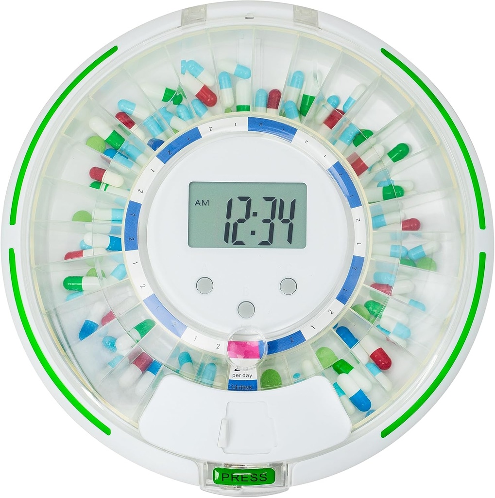 Automatische pildispenser voor ouderen met alarm, vergrendel 28 dagen medicatiedispenser, 6 doseringssjablonen, geluids- en lichtwaarschuwingen en sleutel voor vitamines, supplementen (heldere deksel)