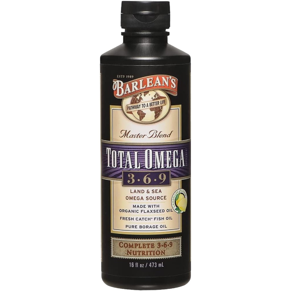Barlean's Total Omega 3 6 9 Supplément d'huile de poisson liquide avec de l'huile de bore et de lin 6,468 mg d'Omégas EPA, DHA, ALA et GLA pour la santé articulaire et cardiaque, 16 oz