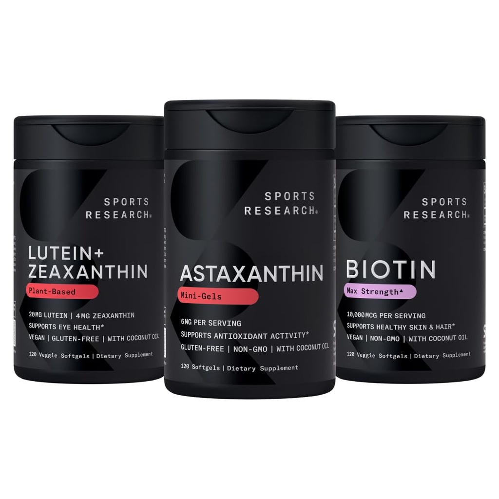 Sports Research Biotin (B7) 10.000mcg + Luteïne + Zeaxanthine (20mg) + Astaxanthine Supplement van Algen (6mg) - Alle Veganisten 120 Softgels Elk gemaakt met Kokosolie voor betere absorptie