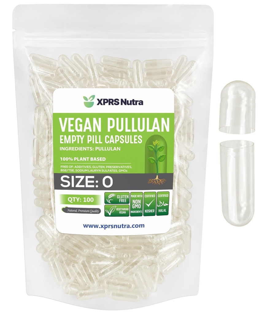 XPRS Nutra Maat 0 Pullulan Lege Capsules - 100 Count Clean Label Plantcaps Helder Lege Vegan Capsules - Premium Vegetarische Pillen - Do-It-Yourself Plantaardige Capsule vullen
