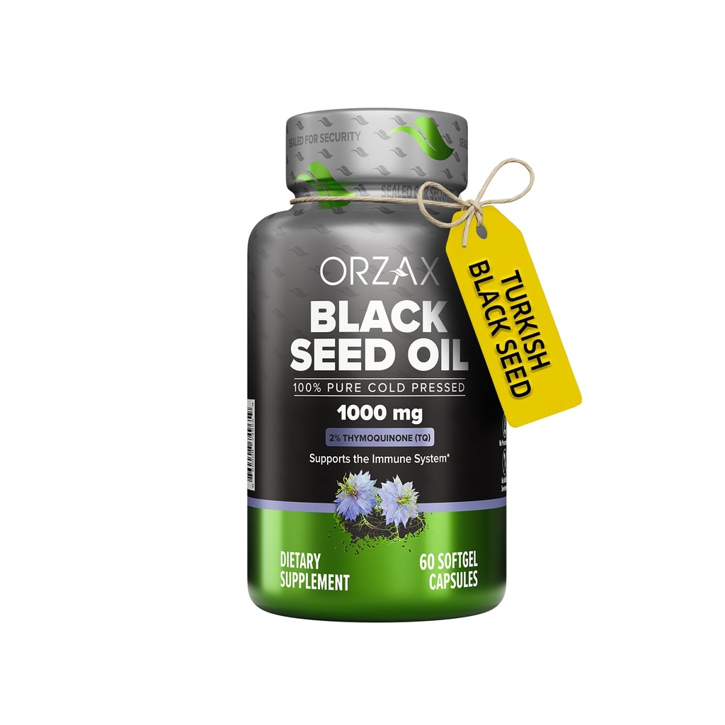 ORZAX 1000 mg Black Seed Oil Organic Cold Pressed Capsules with 20mg Thymochinon for Immune Support, Good Hair, Skin, and joints (60 Soft Gel Capsules)