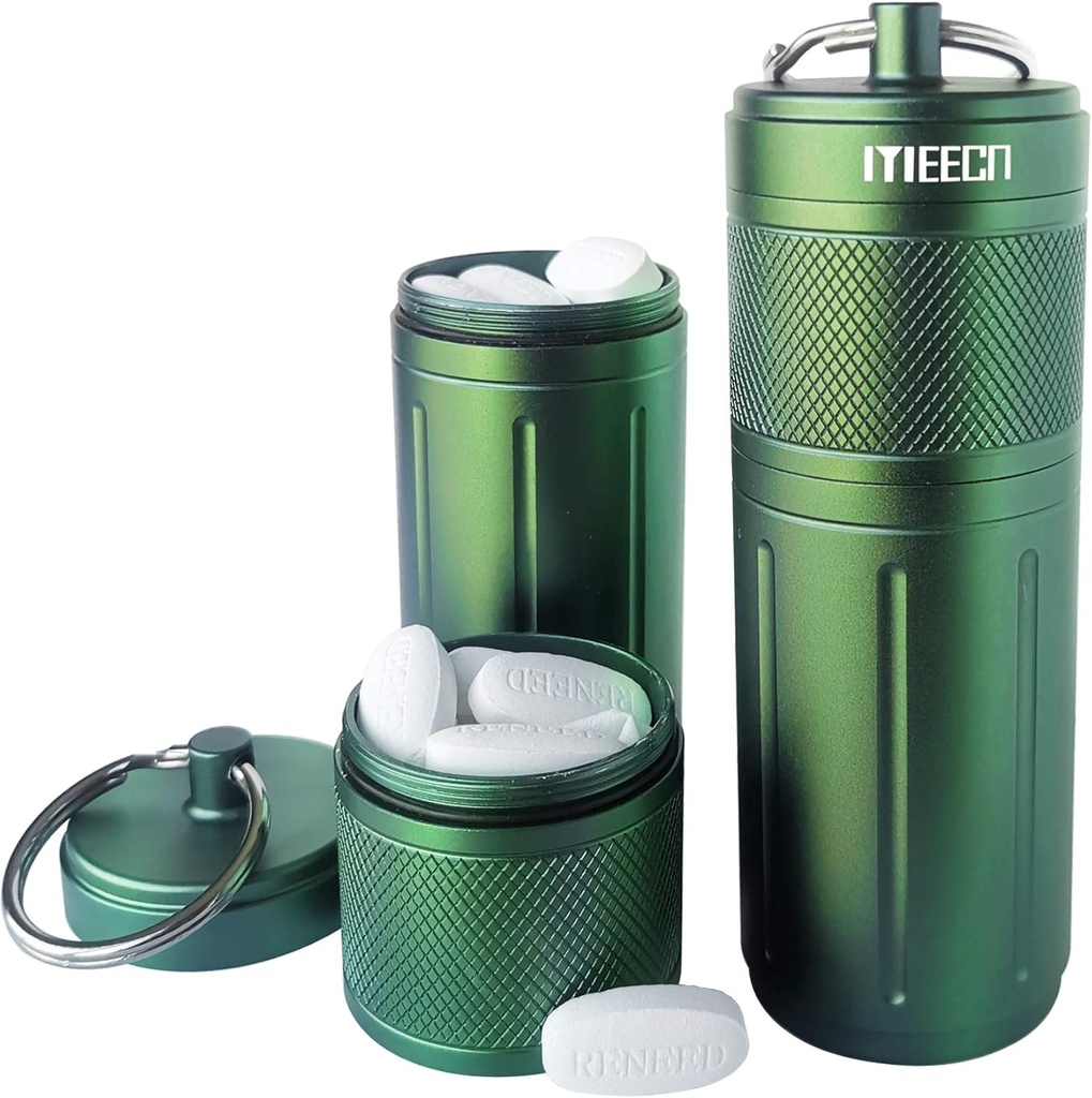 Twee lagen grote pil Organizer, aluminium container, waterdicht, kan pillen alle groottes, vitamines, kabeljauw leverolie, supplementen en medicijnen, Rv producten, grootte:1,6 x 1,6 x 4,4 in (Groen)