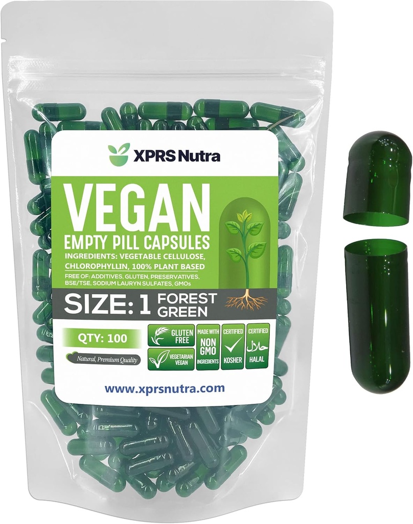 XPRS Nutra Taille 1 Capsules vides - 100 Compte Capsules vides de végétalien - Pilules végétariennes - Bricolage Gélule végétale Remplissage- Bouchons de pilules pour les suppléments de Do-It-Youlf (Vert Forest)
