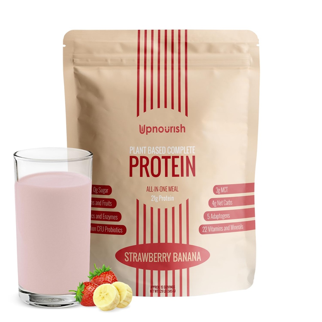 UpNourish Strawberry Banana Vegan Protein Powder 54 Superfoods Powder,1,5 miljard CFU Probiotica 21g Plant Based Protein,Geen suiker Geen zuivel Geen GGO-Dairy Free, Maaltijd Vervangingsshake Keto-Friendly Low-Carb Diet,15 Servers