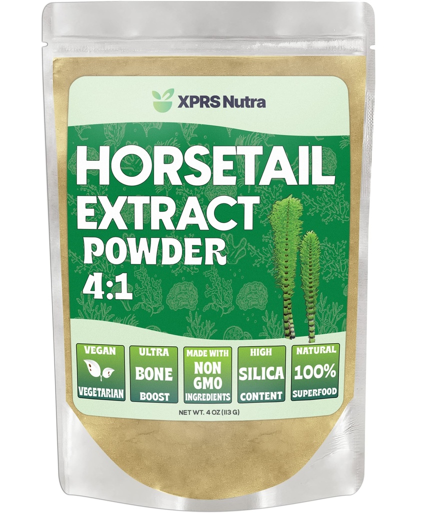 XPRS Nutra Horsetail Extract Poudre pour les cheveux, les ongles et les os - Poudre de racine de queue de cheval haute puissance - haute teneur en silice pour des résultats maximaux - Extrait de queue de porc végétalien amical (4 oz)