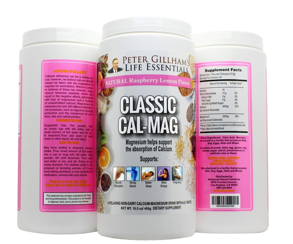 Classic Cal-Mag Poudre Lemon de framboise, Original 2:1 Formule, 16.5oz(60 portions) Sleep &Stress Aid, pour la relaxation musculaire, les crampes, les os et les dents. Fabriqué aux États-Unis