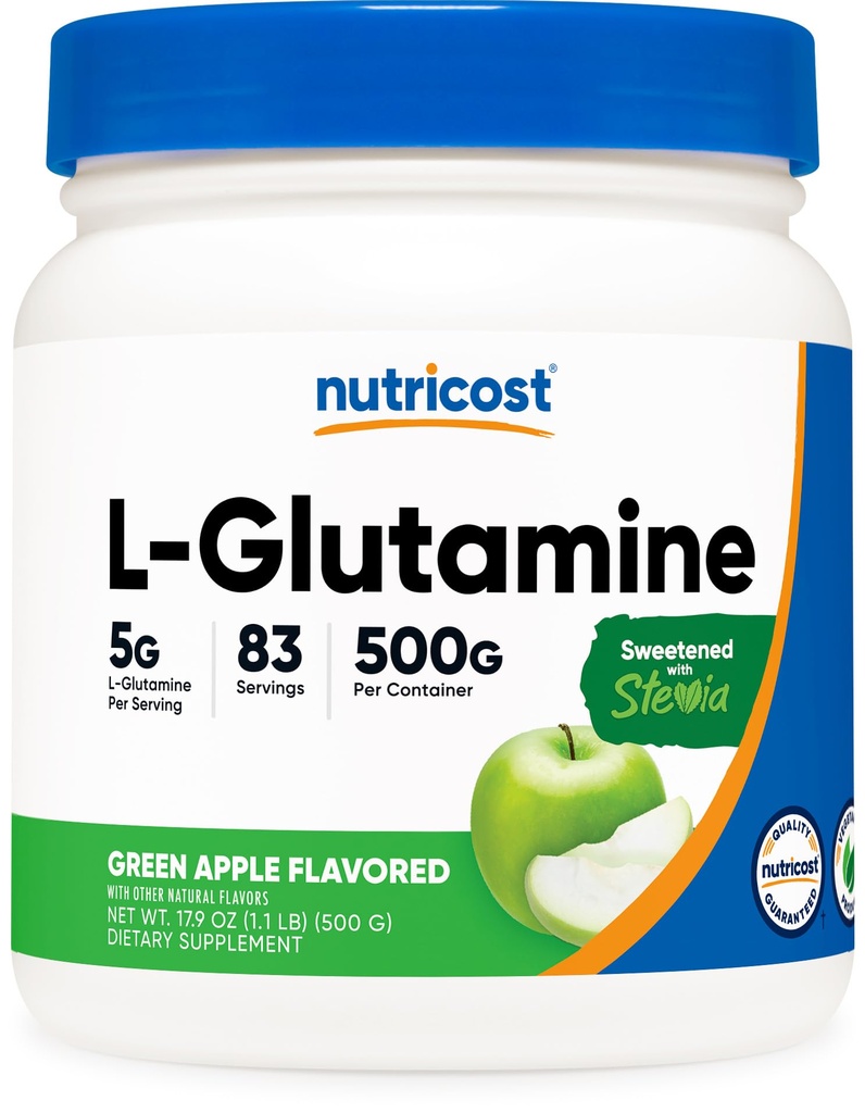 Nutricost L-Glutamine Powder Supplement (Green Apple) 500g - Gut Support, 5 Gram per portie, Gezoet met Stevia - Glutenvrij, Niet GGO