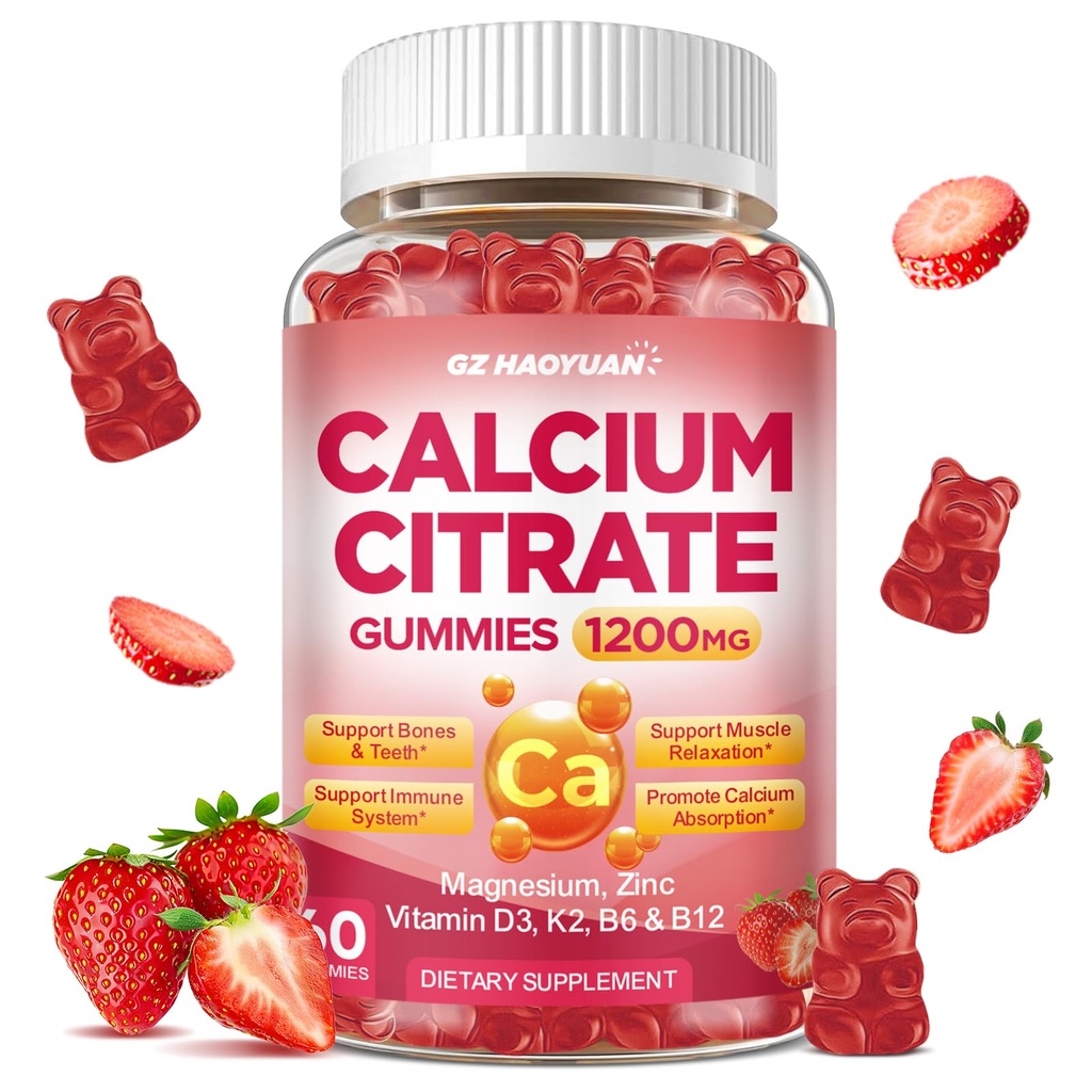 Calcium Citrate Gummies - 1200mg Calcium Gummies Supplements for Women & Men with Vitamin D3, K2, Magnesium, Zinc High Absorption for Bone, Muscle & Immune Support, Strawberry Flavor, 60 Count