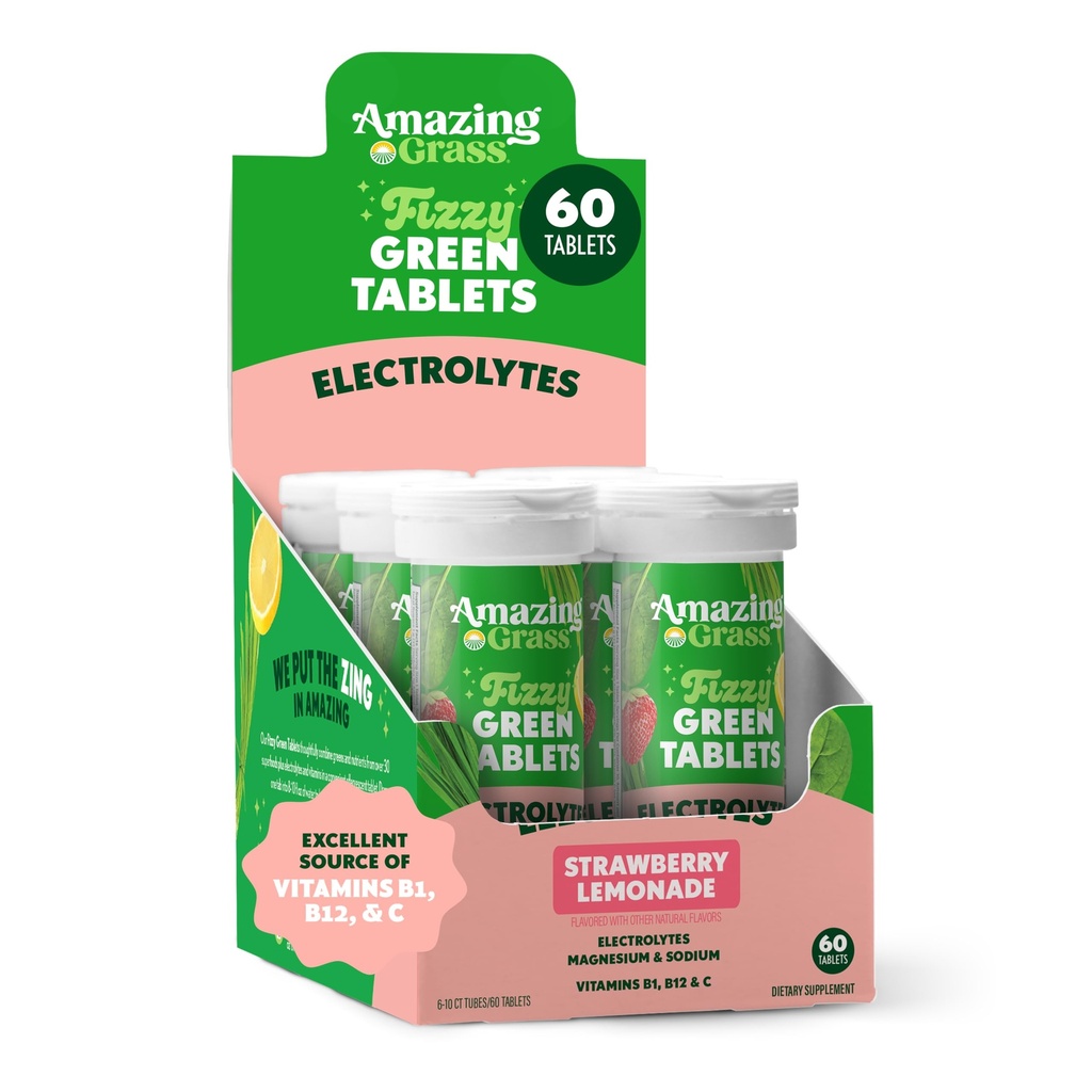 Verbazingwekkende Gras Electrolyte tabletten, Fizzy Greens Water smaaktablet met vitamines, Hydrate Aardbei Lemonade, 10 Tellen (pakket van 6) (Verpakking mei Vary)