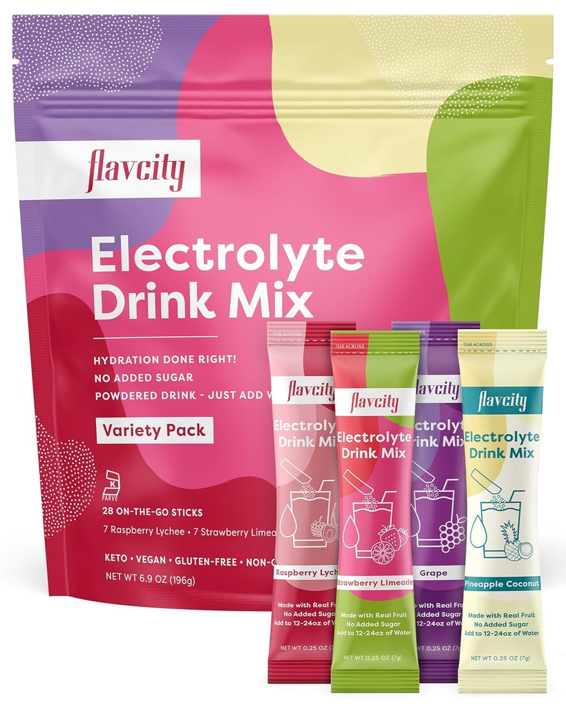 FlavCity Electrolytes Drink Mix, Variety Pack, 28 On-The-Go Stick Packs - Gezonde Elektrolyten Poeder Paketten Gemaakt met Real Fruit - Keto Gepoederde Drank met Geen Toegevoegd Suiker, Glutenvrije