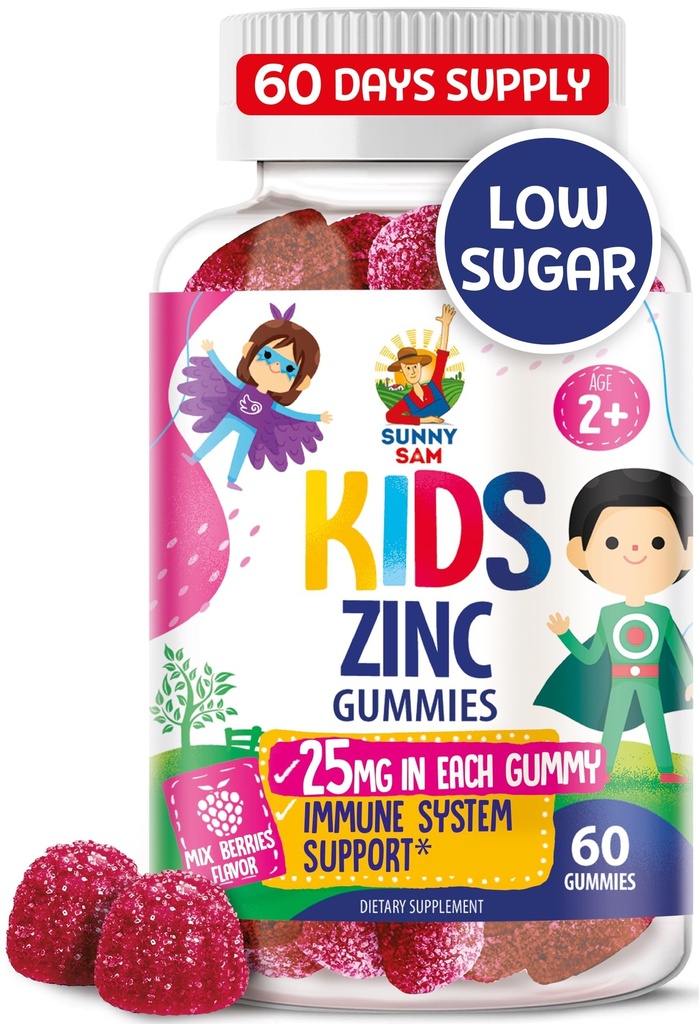 Gommies de zinc pour les enfants - Supplément de gommy de zinc à croquer pour les enfants Immune Support - Sucre faible Antioxydant naturel non-OGM Vitamine Chewables pour les enfants et les adolescents - 60 Gommies