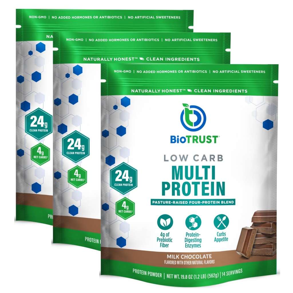 BioTrust Low Carb Protein Powder - Natural and Delicious Whey & Casein Blend from Grass-Fed Hormone Free Cows - Non GMO, Soy Free, Gluten Free, Hormone Free (Chocolate, 3-Pack)