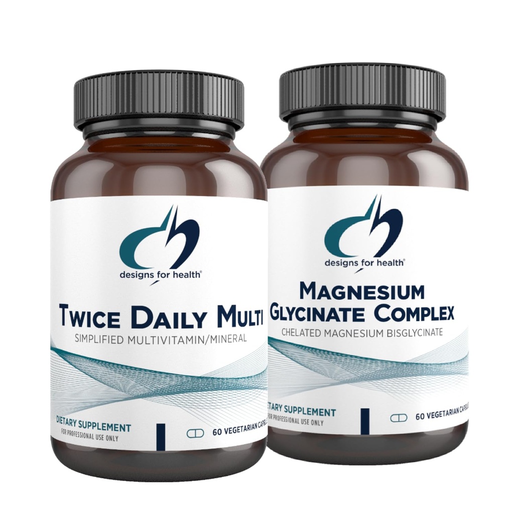 Designs for Health Magnesium Glycinate Complex (60 Capsules) & Twice Daily Multi (60 Capsules) Bundle - Premium Multivitamin with Folate & High Absorption Magnesium Supplement