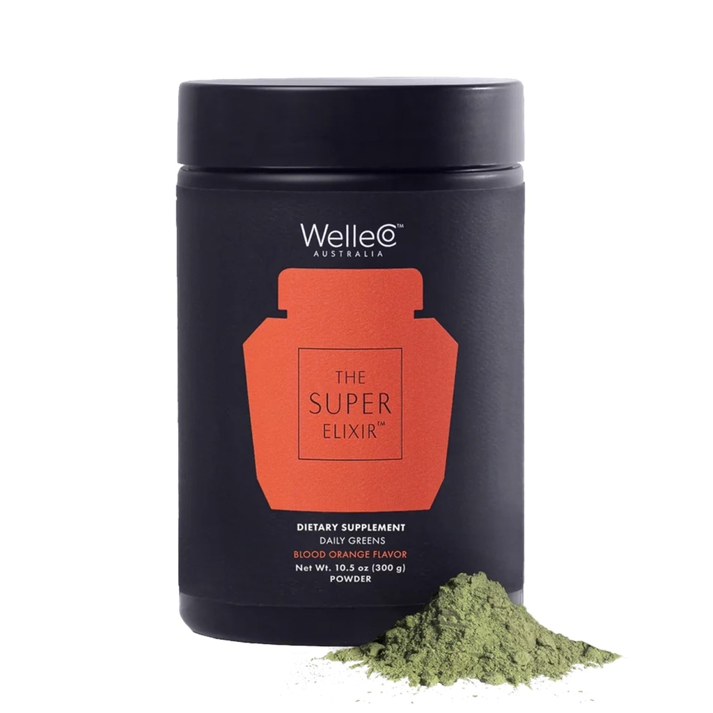WelleCo The Super Elixir Daily Greens Powder, Probiotic Drink Mix with Whole Foods, Gluten Free, Vegan Gut Health Powder, Energy, Immunity, Healthy Skin, Hair & Nails (Jar, Blood Orange)