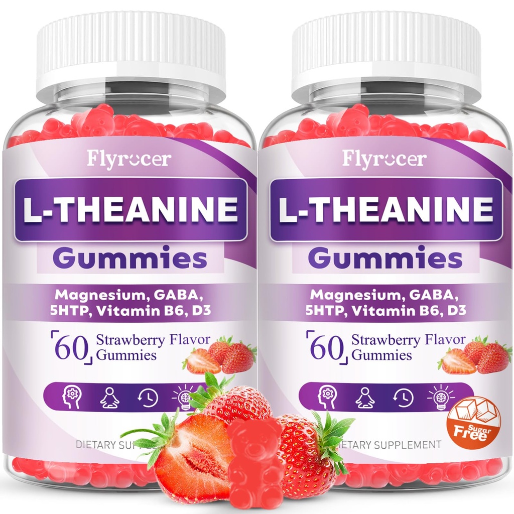 2 Pack L-Theanine Gummies, L Theanine Supplement for Adults & Kids, L'Theanine with Ashwagandha, Magnesium, 5HTP & GABA - Support Calm, Relax, zzZ, Focus, Vegan Strawberry Flavor, 120 Count